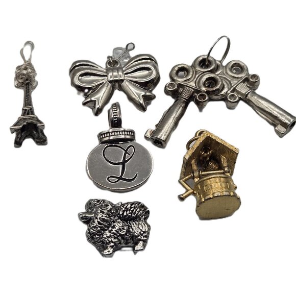 6 Charming Charms Eiffel Tower Bow Keys L  Wishing Well Chow Dog Silver & Gold - Picture 2 of 10